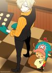  1boy baking blonde_hair blue_eyes bread checkered checkered_floor chef cooking curry_gohan food hat heart kitchen one_piece oven_mitts pinstripe_pattern reindeer sanji smile tony_tony_chopper waistcoat 