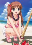  1girl absurdres amamiya_momona bikini blue_eyes breasts brown_hair cleavage feet food fruit game_cg happoubi_jin highres large_breasts resort_boin sandals shinai solo striped striped_bikini striped_swimsuit swimsuit sword toes watermelon weapon 