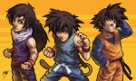  3boys alien black_hair brothers brown_eyes clenched_hand dragon_ball dragonball_z father_and_son hand_on_hip kuroi-tsuki male_focus multiple_boys sash shueisha siblings smile son_gohan son_gokuu son_goten staff tail teeth time_paradox wristband 