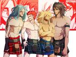  4boys abs alternate_costume artist_name belt blonde_hair blue_hair brown_hair crossed_arms eustass_captain_kid facial_hair fingerless_gloves gloves goatee hair_over_eyes hairlocs heat_(one_piece) jewelry killer_(one_piece) kilt male_focus multiple_boys muscle necklace one_piece plaid redhead scar spitfaia tattoo topless wire_(one_piece) wristband 