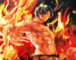  1boy abs belt fire freckles injury jewelry male_focus necklace one_piece portgas_d_ace smile solo topless tsuyomaru 