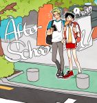  ! 2boys alternate_costume backpack bag black_hair ear_buds food green_hair hand_in_pocket jeremy_(artist) male_focus monkey_d_luffy mp3 multiple_boys one_piece raglan_sleeves red_shoes roronoa_zoro school_uniform shirt shoes shorts sidewalk sneakers yellow_shirt 