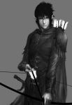  1boy armor arrow_(weapon) bow_(weapon) elf fiftyoff greyscale looking_at_viewer male_focus monochrome naruto pointy_ears solo standing uchiha_sasuke weapon 