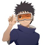  1boy black_eyes black_hair child face goggles male_focus megamaro naruto naruto_shippuuden ninja one_eye_closed simple_background smile solo spiky_hair uchiha_obito white_background 