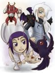  2girls antlers armor bird cape cartoon_network cloak daughter dc_comics dragon family father_and_daughter forehead_jewel hood leotard long_sleeves malchior mother_and_daughter multiple_girls purple_hair raven_(dc) red_skin shoulder_perch smile teen_titans trigon vambraces violet_eyes white_hair white_shoes yellow_eyes 