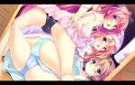  3girls ass ass_grab blonde_hair blue_eyes blush breasts brown_hair carrot_lu_angora chemise from_behind game_cg highres kanojo_ga_ore_ni_kureta_mono._ore_ga_kanojo_ni_ageru_mono. kojima_alice kojima_neneko large_breasts legs lingerie long_hair looking_at_viewer looking_back lying multiple_girls nightgown onomatope pajamas panties pantyshot red_eyes redhead shiratama short_hair spread_legs take_your_pick thighs underwear 