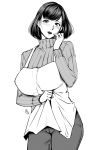  1girl apron blush breasts ganto housewife huge_breasts lips looking_at_viewer milf mole monochrome short_hair simple_background sweater 