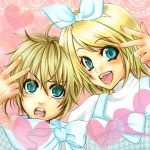  1boy 1girl blonde_hair blue_eyes bow brother_and_sister kagamine_len kagamine_rin open_mouth plaid ribbon siblings smile suzuagi twins v vocaloid white_ribbon 
