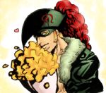  1boy bouquet domino_mask flower fur_trim hat hat_feather heart jacket leather leather_jacket looking_at_viewer male_focus mask one_piece orange_hair pirate ryu-911 scar sideburns solo supernova x_drake 