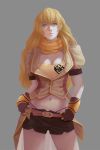  1girl belt blonde_hair breasts cleavage long_hair looking_at_viewer midriff navel rwby solo violet_eyes yang_xiao_long 