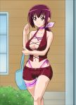  1girl absurdres bag breast_hold breasts choker cleavage collarbone hair_ribbon handbag highres hoshizora_ikuyo large_breasts legs lingerie long_hair looking_at_viewer milf ponytail precure purple_hair ribbon short_shorts shorts smile_precure! solo standing t-aoba thighs underwear violet_eyes 