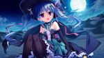  1girl blue_hair elbow_gloves game_cg gloves hair_ornament hat long_hair luluna magical_marriage_lunatics!! moon moonstone night open_mouth ornament thigh-highs twintails violet_eyes witch_hat yamakaze_ran 