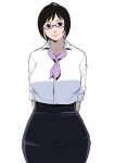  1girl arms_behind_back breasts brown_eyes brown_hair curvy ganto glasses hair_tie holon huge_breasts lipstick loose_necktie loose_shirt makeup neckerchief necktie office_lady pencil_skirt ponytail real_drive shirt simple_background skirt smile standing white_background wide_hips 