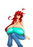  1girl aeon708 ahoge bare_shoulders breasts cleavage female gigantic_breasts highres long_hair open_mouth original pants red_eyes redhead simple_background sitting solo white_background 
