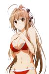  1girl ahoge amagi_brilliant_park bare_shoulders bikini blush breasts brown_eyes brown_hair cleavage female hair_ribbon large_breasts long_hair navel o-ring_bottom o-ring_top official_art ponytail red_bikini ribbon sento_isuzu shiny shiny_skin simple_background solo standing sweatdrop swimsuit ueno_chiyoko white_background yellow_eyes 