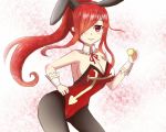  1girl animal_ears bare_shoulders blush breasts cleavage detached_collar detached_sleeves envy_(artist) erza_scarlet fairy_tail large_breasts long_hair ponytail rabbit_ears redhead solo 
