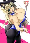  1girl animal_ears ass atago_(kantai_collection) bad_anatomy bare_shoulders blonde_hair blue_eyes breasts bunny_girl bunnysuit error female from_above hair_ornament huge_breasts kantai_collection long_hair looking_at_viewer open_mouth pantyhose rabbit_ears solo standing stem 