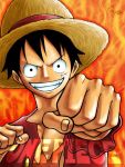  1boy clenched_hand copyright_name hat kiyo monkey_d_luffy one_piece open_clothes open_shirt red_shirt scar shirt smile solo straw_hat teeth 