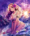  1girl beach bikini bird blush bow breasts brown_hair chains cleavage fangs flower green_eyes hair_flower hair_ornament jewelry large_breasts long_hair looking_at_viewer necklace pale_skin seagull shingeki_no_bahamut smile solo sunlight sunset swimsuit tropical vampire white 