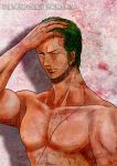 1boy green_hair male_focus one-eyed one_piece riria roronoa_zoro scar swordsman topless 