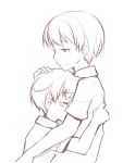  2boys blush child closed_eyes hand_on_another&#039;s_head hug male_focus monochrome multiple_boys ryuuki_(eruk8993) shirt short_hair sketch smile tears 