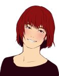  1girl aku_no_hana blush female ganto grin looking_at_viewer nakamura_sawa portrait realistic redhead short_hair simple_background smile solo 