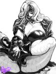  1girl agawa_ryou artist_name black_canary black_gloves boots breasts cleavage dc_comics female fishnet_pantyhose fishnets gloves greyscale huge_breasts jacket leather leather_jacket legs leotard lips lipstick long_hair makeup mask messy_hair milf monochrome nose open_clothes open_jacket pantyhose simple_background sitting sleeves_rolled_up solo superhero white_background 