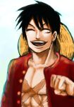  1boy black_hair closed_eyes hat headwear_removed male_focus monkey_d_luffy one_piece open_clothes open_mouth open_shirt red_shirt ryu-911 scar shirt smile solo stampede_string straw_hat 