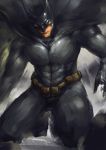  1boy animal_ears batman batman_(series) belt bodysuit boots bruce_wayne cape dc_comics gauntlets kneeling mask painterly solo 