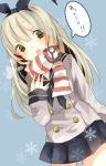  1girl blonde_hair blush hairband kantai_collection kumahara long_hair looking_at_viewer open_mouth scarf shimakaze_(kantai_collection) skirt text translation_request 
