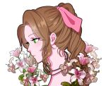  1girl aerith_gainsborough black_choker braid braided_ponytail brown_hair choker final_fantasy final_fantasy_vii final_fantasy_vii_remake flower green_eyes hair_ribbon highres light_blush lily_(flower) long_hair looking_to_the_side parted_bangs parted_lips pink_flower pink_ribbon ribbon ribbon_choker sidelocks single_braid solo upper_body wavy_hair white_background yuno_ff 