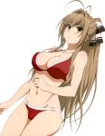  1girl ahoge amagi_brilliant_park bare_shoulders bikini black_eyes blush breasts brown_hair cleavage hair_ribbon highres large_breasts long_hair nakahara_kouhei navel o-ring_bottom o-ring_top official_art ponytail red_bikini ribbon sento_isuzu shiny shiny_skin simple_background solo standing swimsuit thighs white_background yellow_eyes 