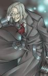  1boy briefcase crazy_eyes gloves grin hand_on_own_face long_hair looking_at_viewer mado_kureo neckerchief smile solo tokyo_ghoul trench_coat white_gloves white_hair 