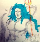  1boy blue_hair fishman_island fukaboshi long_hair merman monster_boy one_piece polearm prince ryu-911 sketch spot_color trident weapon 
