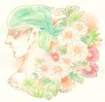  1boy bandanna earrings flower green_hair jewelry kamnochiku one_piece profile roronoa_zoro solo watercolor_(medium) 