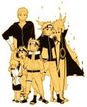  1boy age_progression alternate_form artist_request goggles headband hood hoodie long_coat looking_at_viewer monochrome multiple_persona naruto sandals short_hair simple_background solo track_suit uzumaki_naruto uzumaki_naruto_(kyuubi_chakra_mode) whiskers white_background wink younger 