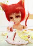  1girl birthday cake cat cat_ears eating food ikelag redhead 