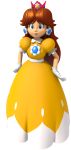 1girl 2001 3d blue_eyes brown_hair crown dress earrings gloves jewelry lips long_dress mario_party mario_party_3 official_art princess_daisy simple_background solo super_mario_bros. super_mario_land