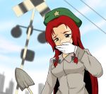  1girl 80s beret christina_mackenzie female gloves green_eyes gundam gundam_0080 hat long_hair railroad_crossing redhead shovel solo vhd2id worktool 