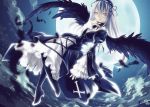  1girl dress full_moon hairband long_hair moon night red_eyes rozen_maiden silver_hair solo suigintou wings 