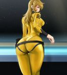  1girl ass backboob black_eyes blonde_hair bodysuit breasts curvy erect_nipples from_behind galaxy highres huge_ass legs long_hair looking_back mori_yuki nolia skin_tight smile solo standing star thighs uchuu_senkan_yamato uchuu_senkan_yamato_2199 wide_hips 