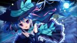  1girl blue_hair clouds elbow_gloves game_cg gloves hair_ornament hat long_hair luluna magical_marriage_lunatics!! moon moonstone night open_mouth ornament thigh-highs twintails violet_eyes witch_hat yamakaze_ran 