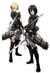  2girls annie_leonhardt black_hair blonde_hair blue_eyes breasts mikasa_ackerman multiple_girls shingeki_no_kyojin short_hair standing sword three-dimensional_maneuver_gear weapon white_background 