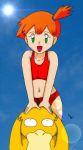  1girl animal bare_legs bare_shoulders bikini bird blue_background breasts duck flat_chest green_eyes hair_ornament happy hips holding kasumi_(pokemon) legs light looking_at_viewer navel open_mouth orange_hair pokemon ponytail psyduck red_bikini red_swimsuit short_hair side_ponytail sky smile standing sun swimsuit tongue 