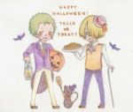  2boys alternate_costume bat black_cat blonde_hair cane cat cravat earrings food formal green_hair hair_over_one_eye halloween happy_halloween hat jack-o&#039;-lantern jewelry lantern multiple_boys necktie one_piece pumpkin roronoa_zoro sanji smile vest waffle waistcoat 