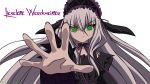  11eyes 1girl absurdres black_dress dress green_eyes grey_hair highres lisette_vertorre lolita_fashion long_hair silver_hair smile solo vector_trace very_long_hair white_background white_hair 