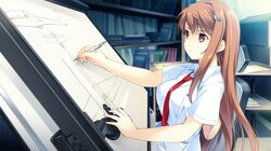  1girl breasts brown_eyes brown_hair chair drawing game_cg highres kono_oozora_ni_tsubasa_wo_hirogete large_breasts long_hair looking_away mochizuki_amane necktie pencil serious sitting sketch solo table yashima_takahiro 