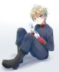  1boy aldnoah.zero blush boots child grey_background male_focus nanako1015 short_hair simple_background sitting slaine_troyard solo 