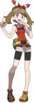  10s 1girl :d bike_shorts blue_eyes bow breasts brown_hair fanny_pack full_body hair_bow hair_ribbon haruka_(pokemon) haruka_(pokemon)_(remake) highres holding holding_poke_ball looking_at_viewer official_art open_mouth poke_ball pokemon pokemon_(game) pokemon_oras ribbon shirt short_shorts shorts sleeveless sleeveless_shirt small_breasts smile solo standing sugimori_ken transparent_background wristband 