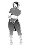  1girl bracelet breasts capcom chinese_clothes chun-li curvy double_bun ganto jewelry large_breasts lips monochrome simple_background street_fighter tagme thick_thighs thighs 